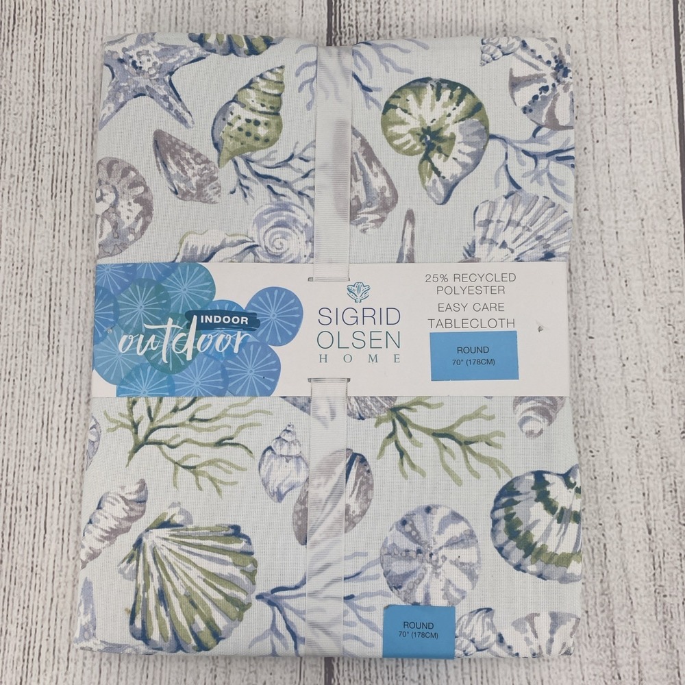 Sigrid Olsen Tablecloth 70" Round White Green Coastal Nautical Sea Shells Coral